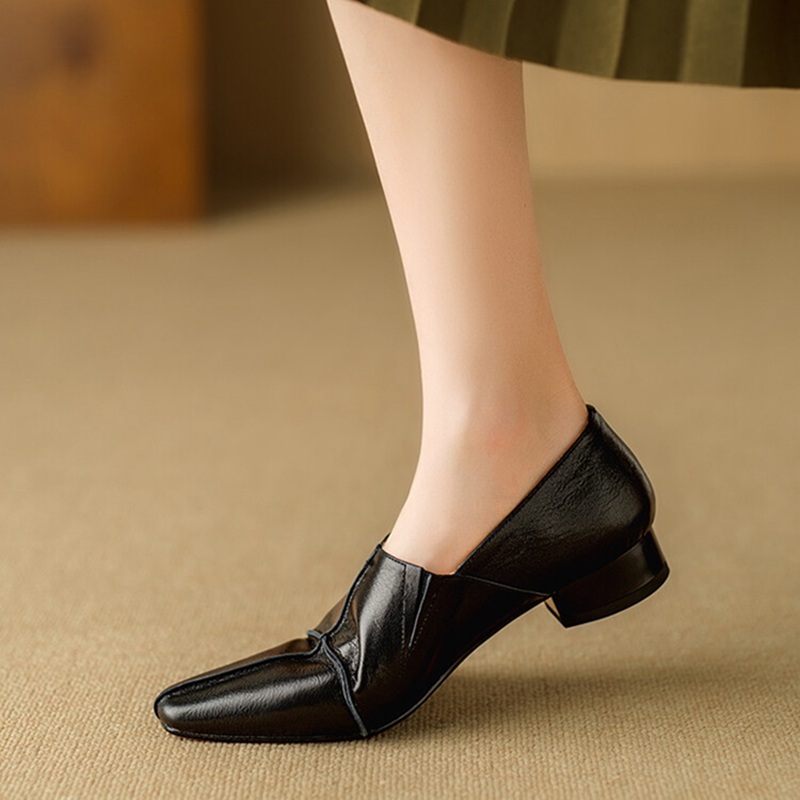 Spring NEW Loafers Genuine Leather for Square Toe Low Heel Women Pumps Slip-on Soft Black Comfort Shoes 472a Comt