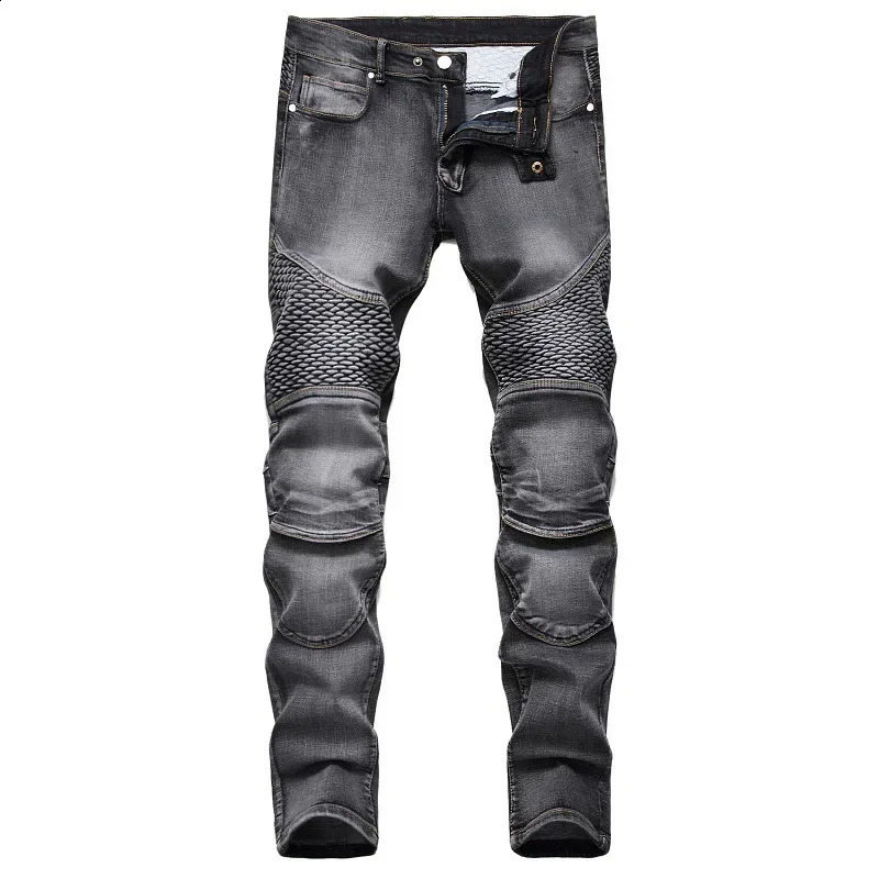 Mens Patchwork Vintage Biker Jeans Hip Hop Slim Straight Elastic Cycling Denim Pants Male Fashion Streetwear Trouser 240902