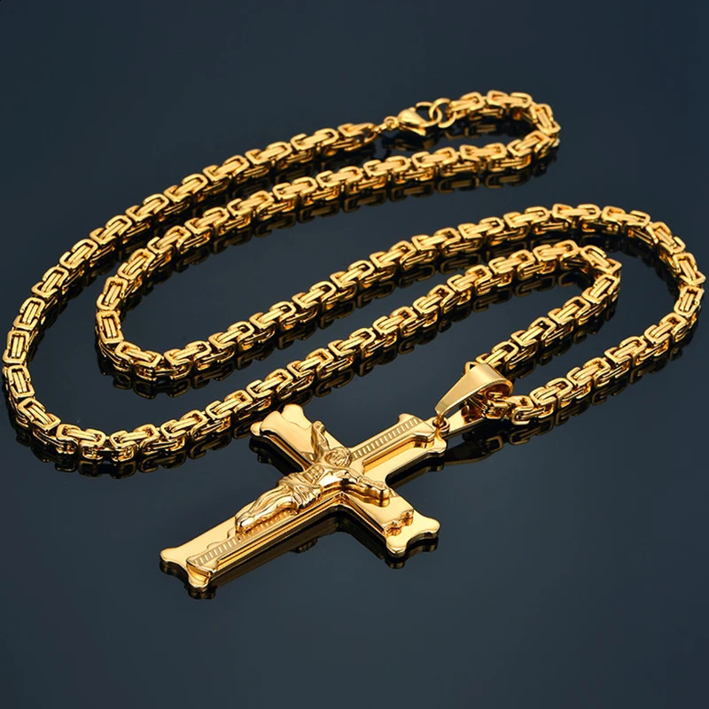 Stainless Steel Big Jesus Cross Pendant With Long Chain Mens Gold Color Crucifix Necklaces Male Religious Jewelry Drop 240910