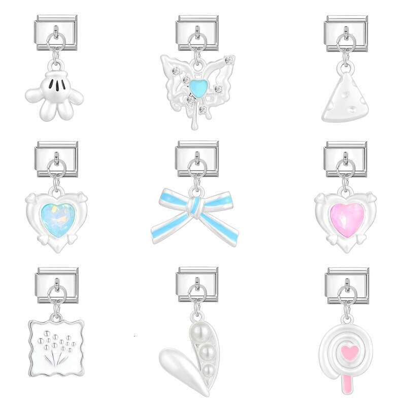 New Women's Gift sweet heart bow butterfly Pendant Italian Charms Links Bangle Beads Fit 9mm Stainless Steel Bracelet Making DIY For Women Fashio