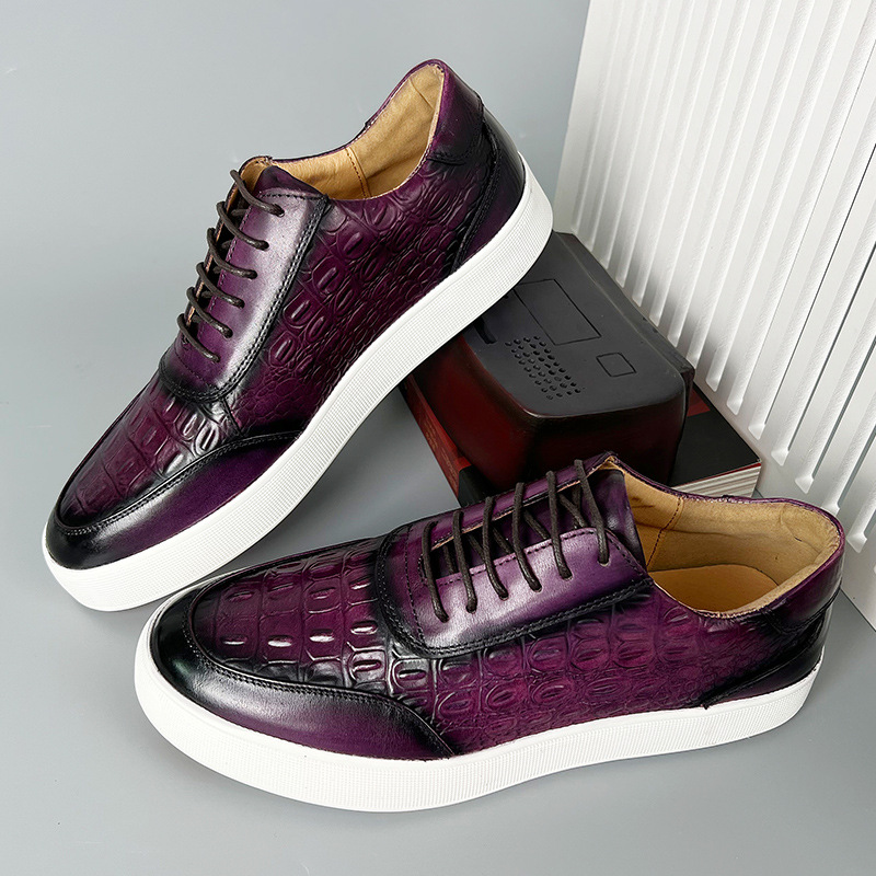 Newest 2023 Autumn Men Genuine Leather Casual Sneakers Lace Up Handmade Crocodile Design Men Daily Leather Footwear Purple