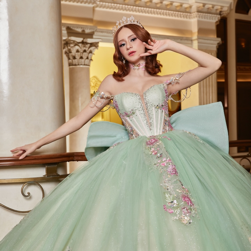 Mint Green Shiny 2025 Quinceanera Dresses Applique Lace Crystal Bow Tull Ball Gown Bride Robe Party Birthday Vestidos 15 De Anos Sweet 16 Dress