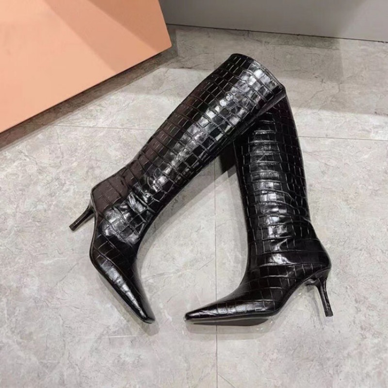 Stone Pattern Cowhide Black Apricot Knee High Women Autumn Winter Low Heels Square Toe Long Boots Retro Size 34-43 Shoes
