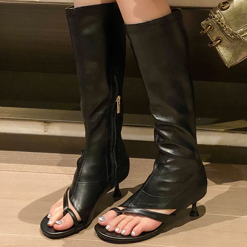 Footwear Peep Toe Women Knee High Stretch With Low Heel Female Zippers Fashion Elastic Ladies Long Boots Shoes Flip ps