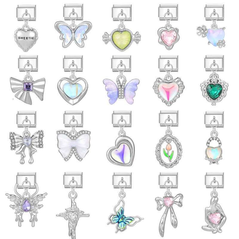 New Women's Gift Beautiful butterfly sweet heart Pendant Italian Charms Links Bangle Beads Fit 9mm Stainless Steel Bracelet Making DIY For Women 