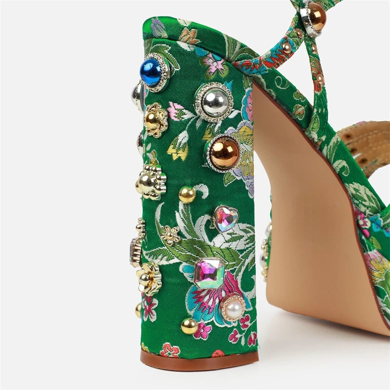 Summer 2024 Satin Rhie Gem Sandals 14.5Cm Open Toe Thick Quality Platform Shiny Women's New High Heel Shoes Size34-43 73Da