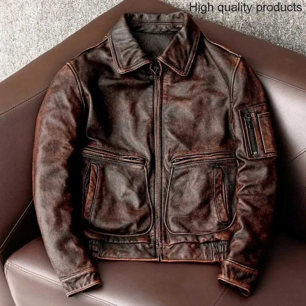 Spring and summer new leather jacket mens retro denim jacket casual flight suit clothing size S-5XL W240914