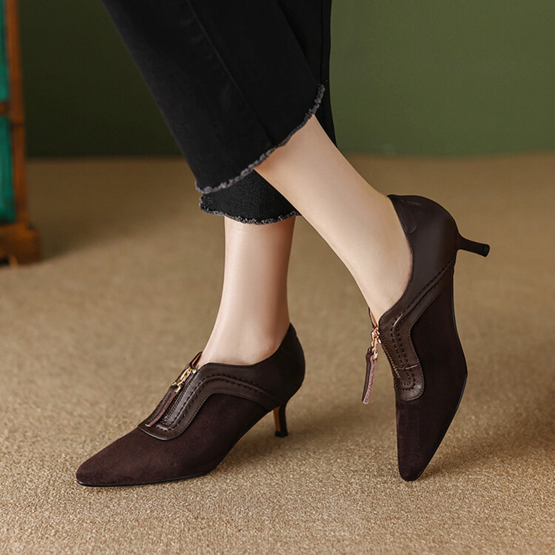 2025 new Spring/Autumn 2023 Pointed Toe Thin Heel Pumps Solid High Heels Sheep Suede for Women Zipper Sexy Shoes 9554 s