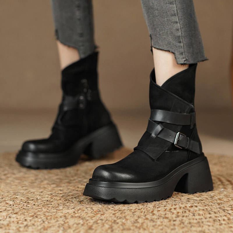 Autumn NEW Genuine Leather Round Toe Platform Belt Buckle Casual Solid Thick Heel Short Boots for Women b61c