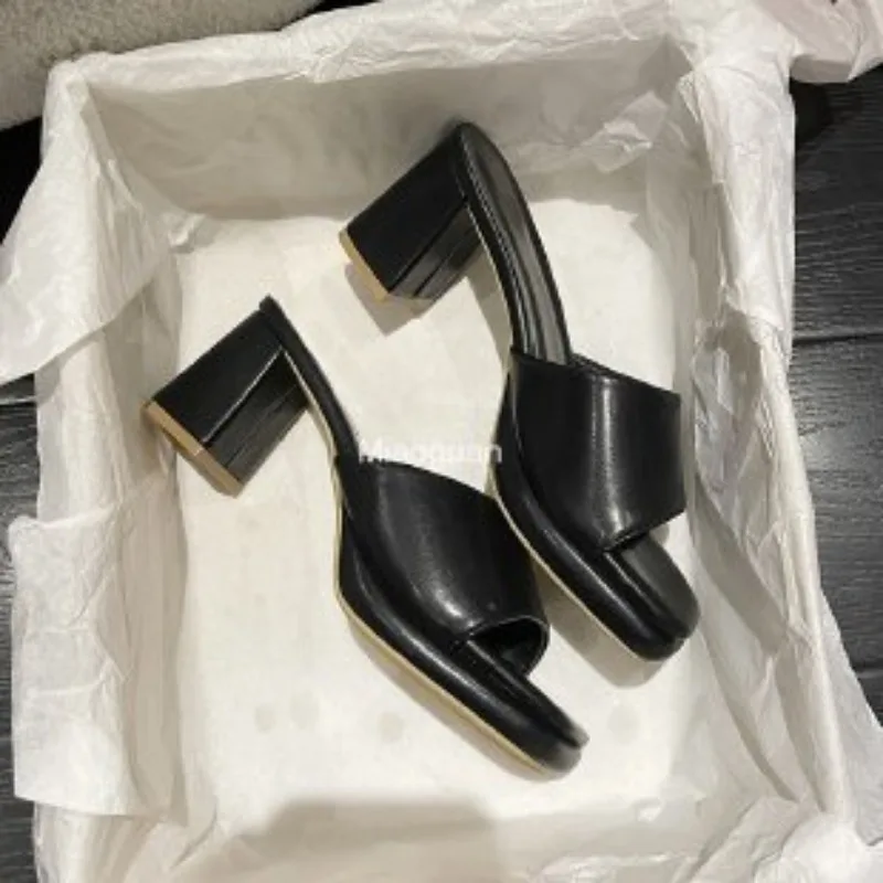 Ladies Shoes 2024 New Summer Solid Peep Toe Slippers Square Heel Fashion Women's High Heels Square Toe Sandals Large Size 45 46