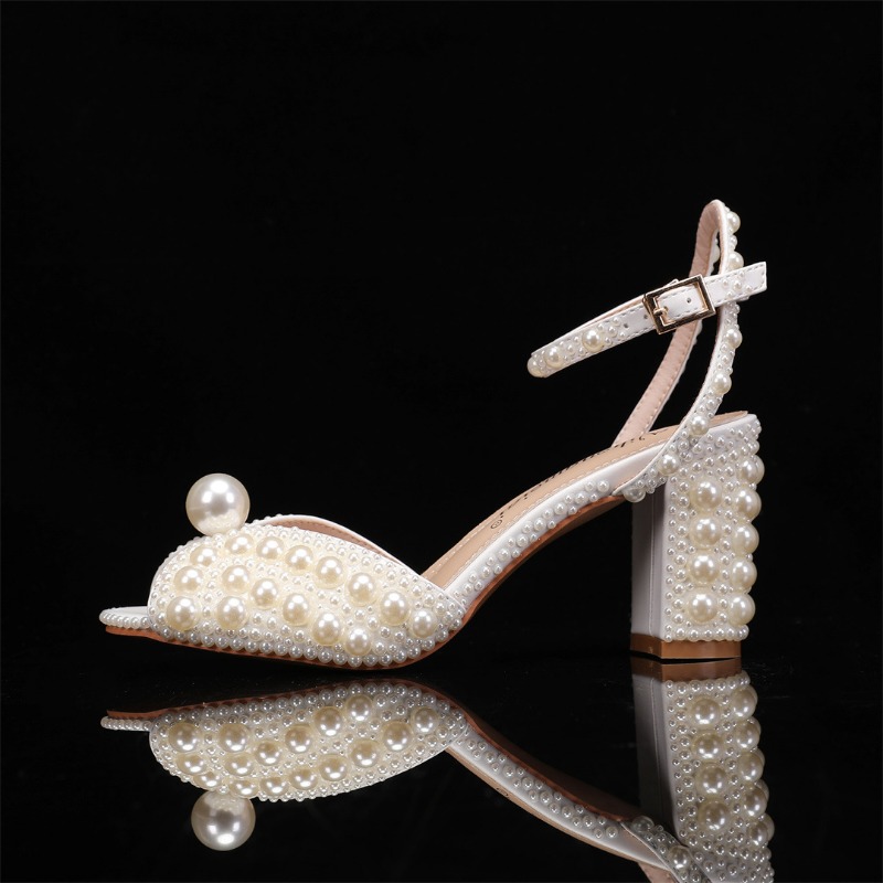 New 2025 Fish Mouth High Heel Sandals Summer Water Dia Pearl Dress Bridal Wedding Women's Single Shoes EU35-43