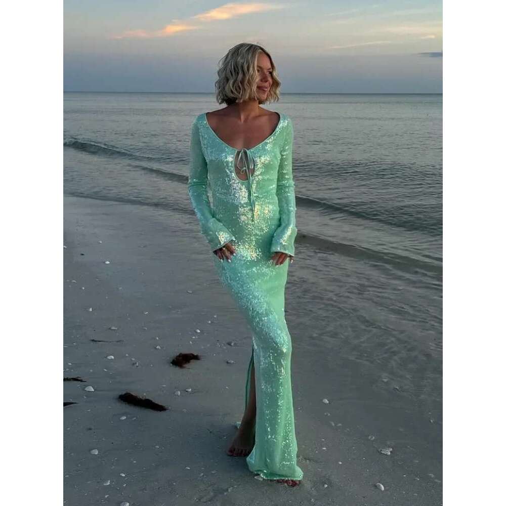 Sexy Shiny Sequin Hollow Out Lace Up Maxi Dress Women Chic Round Neck Long Sleeves Bodycon Dresses Lady Night Party Robe