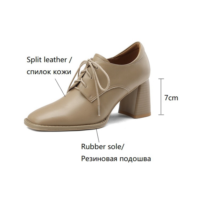 Spring/Autumn NEW Loafers Square Toe New High heels Split Leather Chunky Heel Pumps Women Plus Size Retro Lace Up Black Shoes 6906