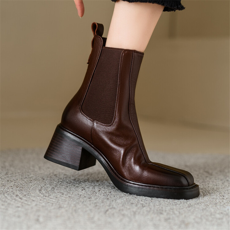New Autumn Winter Genuine Leather Boot Fashion Square Toe Chunky Boots for Women High Heels atos Mujer