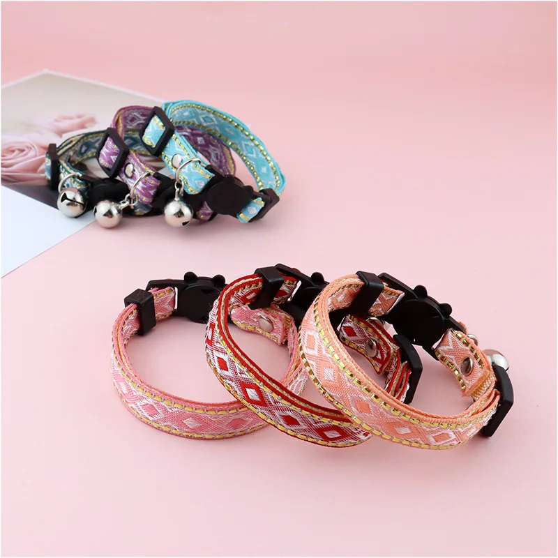 Cat Collar Bell Gold Silk Edge Ethnic Style Pet Collar Anti-Suffocation Adjustable Small Dog Cat Collar Pet Supplies Accessories