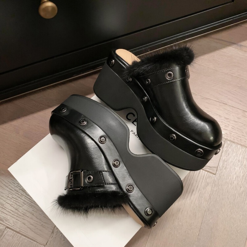 Style Punk Cowhide Rivet Metal Buckle Decorative Slippers 2023 New Women's Fashion Waterproof Platform 8cm Thick Heel Sandals 487e