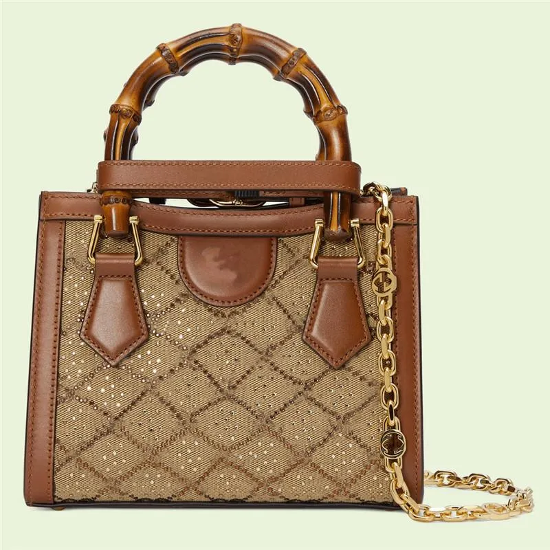 Designer Luxury Diana Camel And Ebony Canvas Crystals Mini Tote Bag 707449 Handbag 7A Best Quality
