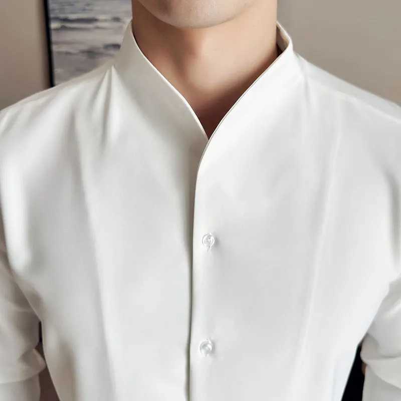 Sexy V-neck Shirt Mens Long Sleeved Casual Shirts Collarless Seamless Business Dress Shirt Social Party Tuxedo Blouse M-4XL Z240914