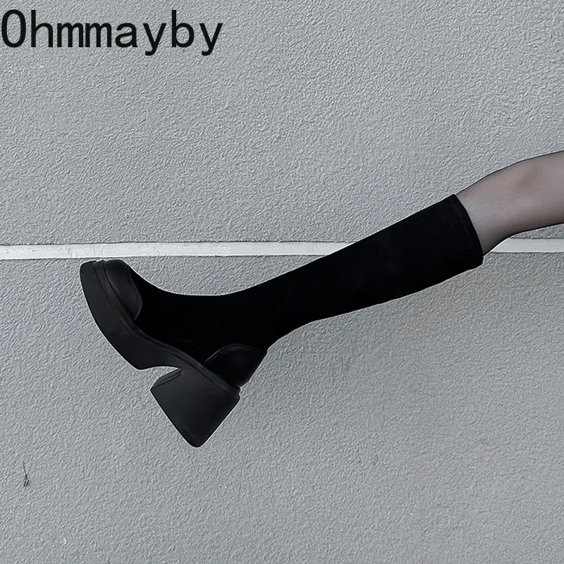 Women Platform Knee High Fashion Slip On Knight Long Boots Square Heels Autumn Winter Ladies Shoes 3384