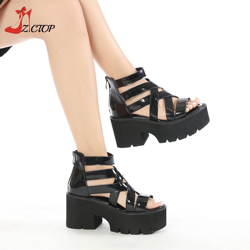 Summer Platform Gladiator Sandals Women Open Toe High Heels Thick Bottom Sandals with Zipper Punk Goth Shoes Plus Size 42 43