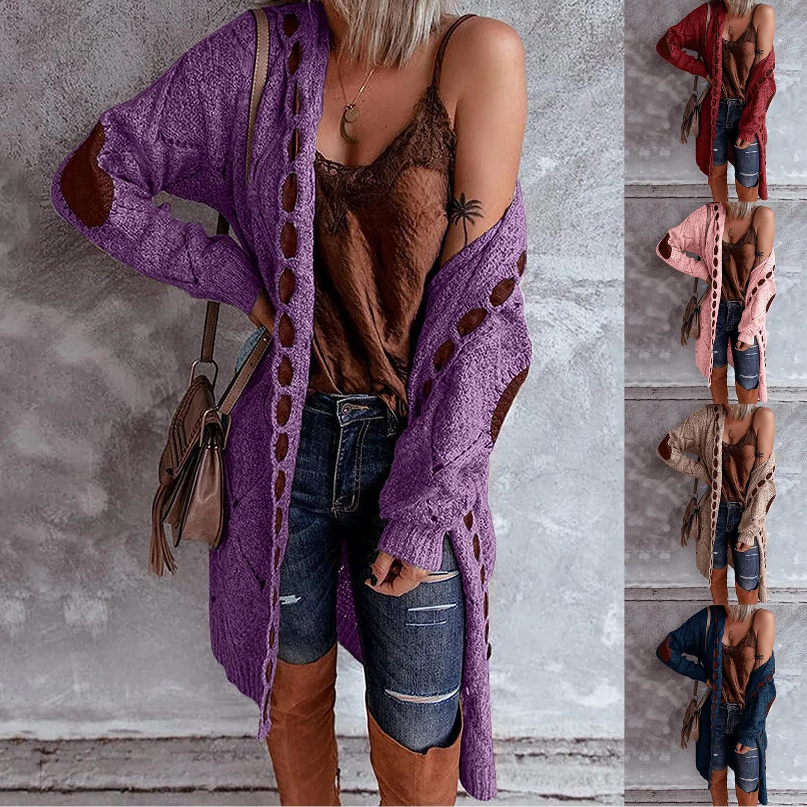 Vintage Women Oversized Hooded Long Cardigan Knitted Sweater Jumper Sweaters Plaid Casual Brown Coat Jersey Mujer Jacket 240904