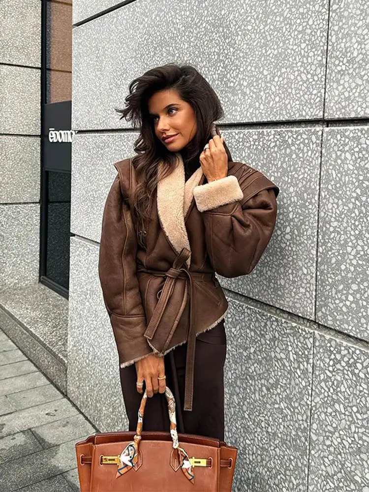 Fashionable cashmere leather patch work jacket with belt womens brushed tie lapel long sleeved ultrathin streetwear 240905