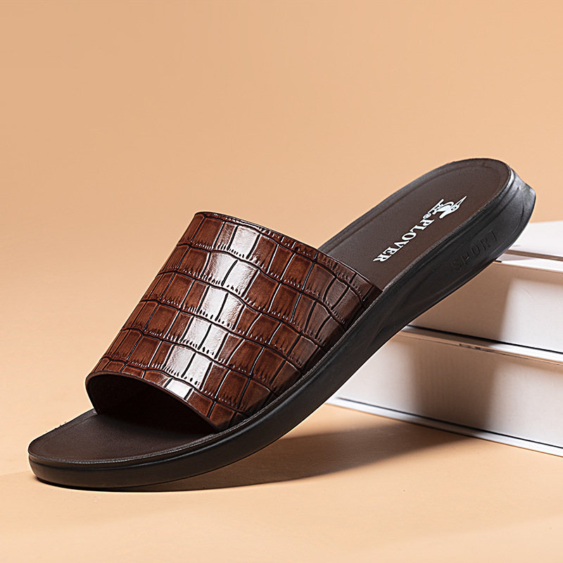 Summer New Shoes for Men Genuine Leather Slipper Stone Pattern Casual Sandals Comfortable Slides Cool Beach Shoes