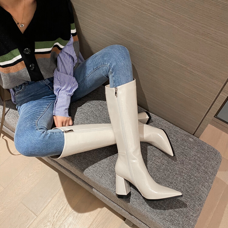 Fall NEW Shoes Pointed Toe Square Split Leather Knee Concise Solid Women Sexy High Heel Boots 384d