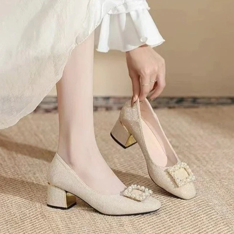 Summer Women Crystal Beaded High Heels Chunky Fashion Dress Shoes Elegant Shallow Femme Pumps ec72