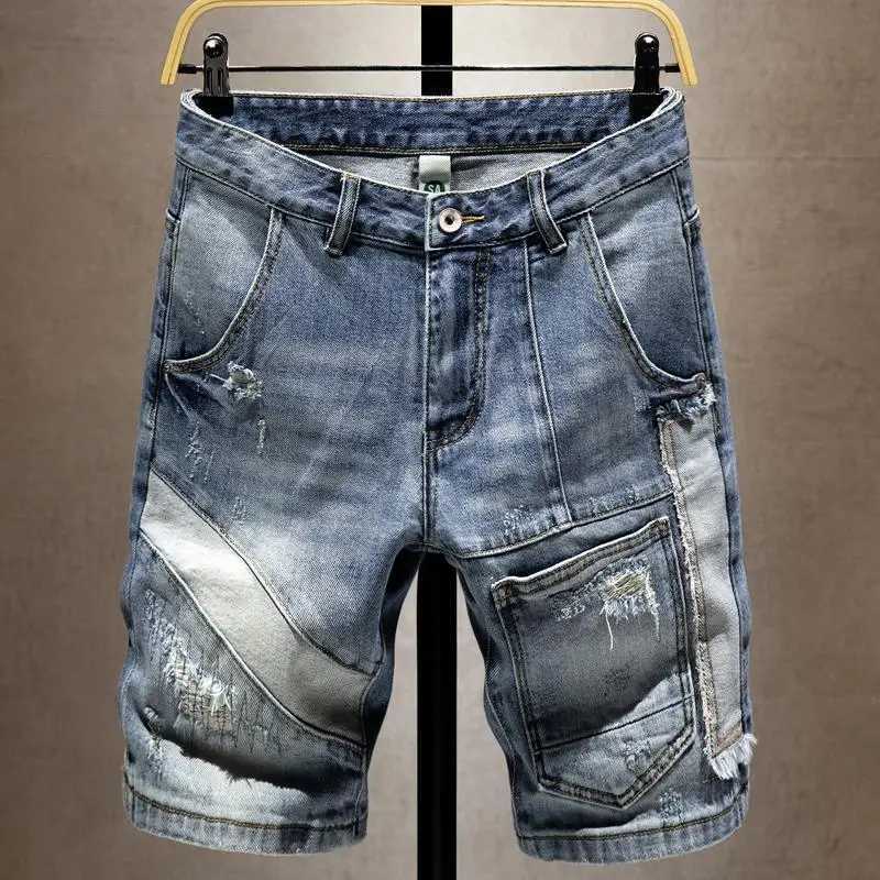 Summer Fashion Cowboy Streetwear Kpop Luxury Men Denim Shorts High Street Hole Straight Knee Length Patchwork Short Casual JeansX240914