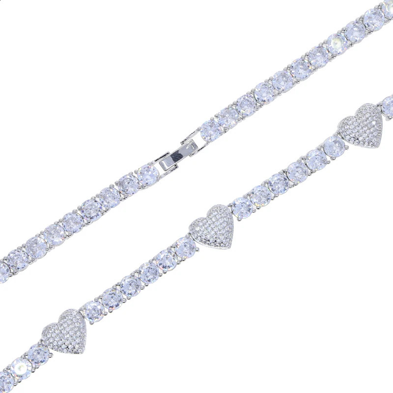 Ice Sparkling Heart Pendant Necklace Silver Zircon 5mm Tennis Chain Charm Womens Hip Hop Fashion Jewelry 240912
