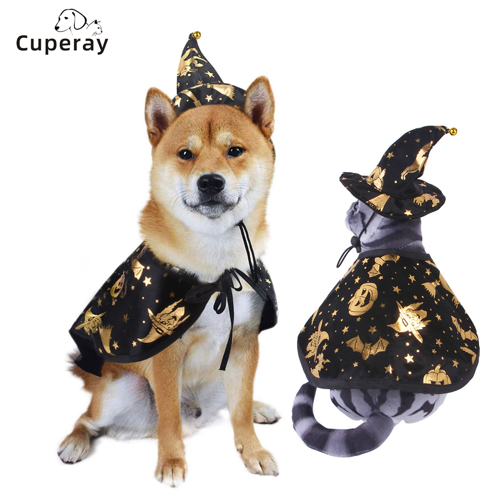 Halloween Dog Costume Wizard Cape with Hat Pet Witch Cloak Cap Clothes Adjustable for Small Medium Dog Cat Cool Cosplay Costumes