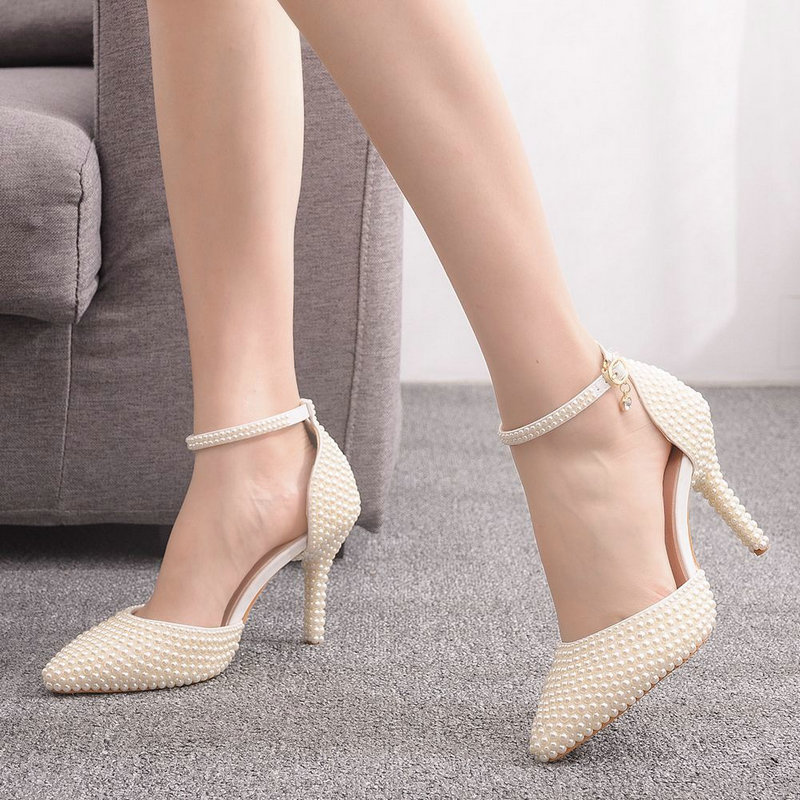 2025 new Pearl White Pointed High Fine Heel Sandals Female Bride Wedding Shoes Party Banquet 52ff