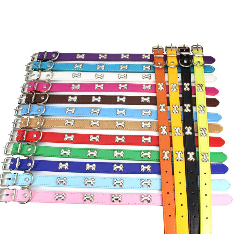 Adjustable Pet Collar Cat Dog Collar Solid Color Leather Strap Bones Decoration Durable Pet Necklace Pet Accessories