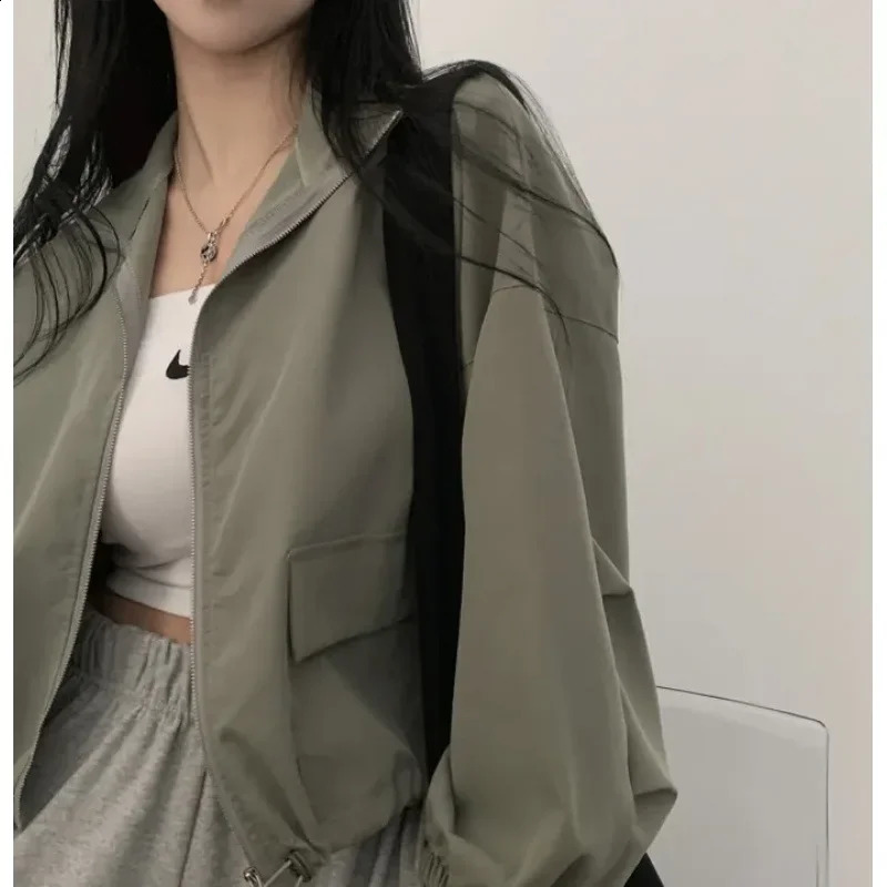 Springsummer Thin Sun Protection Windproof Retro Versatile Workwear Drawstring Cropped Baseball Jacket Top Coat Trendy 240914