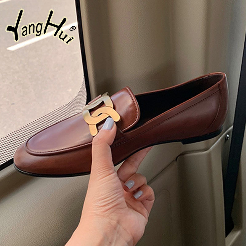 Mary Janes Casual Retro Pumps 2023 New Fashion Artificial Leather Summer Heel Flats Women's Shoes Metal Accessories Pointed Toe