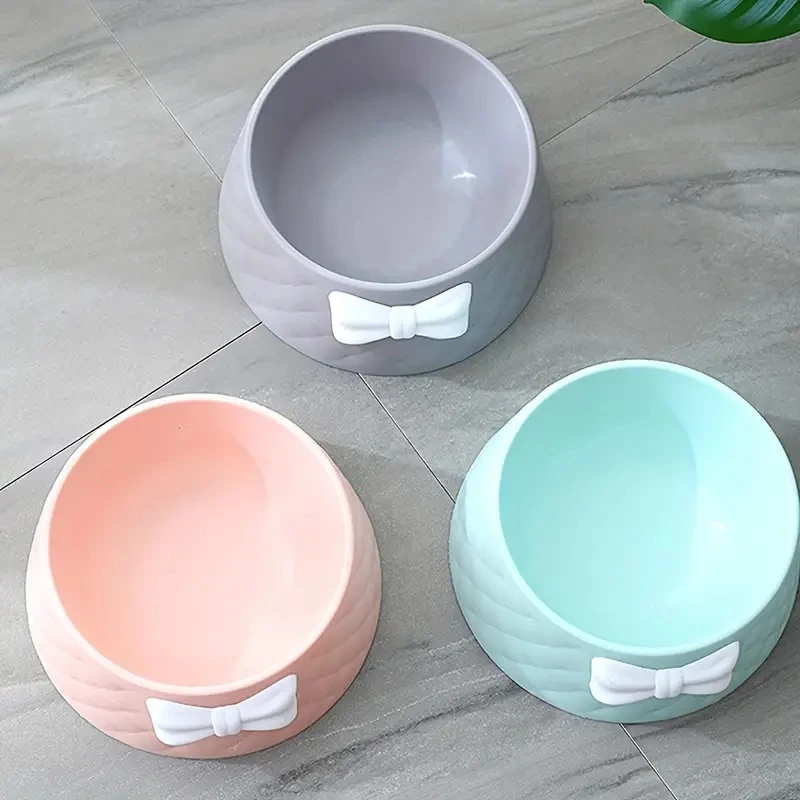 Creative Cute Bowknot Decor Pet Feeding Deepen Bowl Cats Dogs Durable Friendly PP Cat Food Dish Bowl Water Basin Non-Slip Base