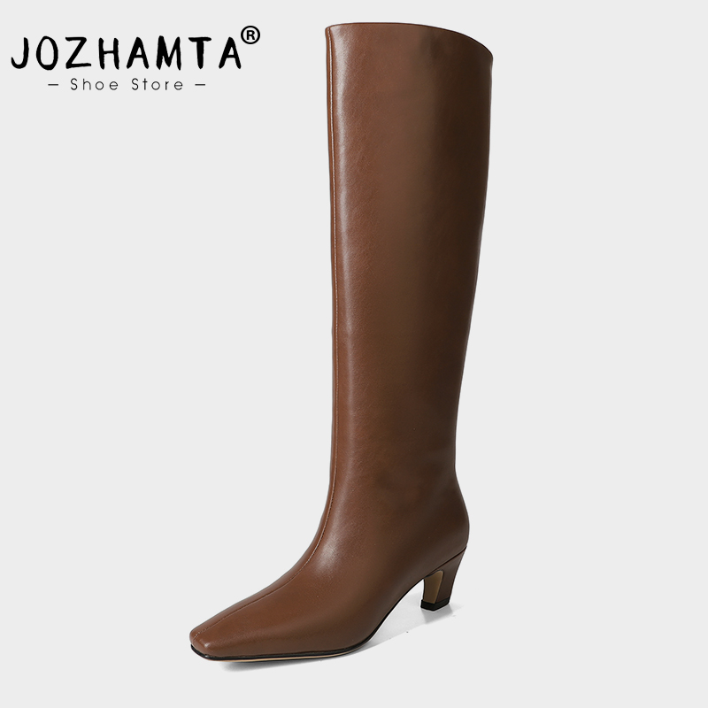 2025 new JOZHAMTA Size 34-40 Knee Boots For Women Real Leather Kitten Heels Winter Shoes 2025 Ins Fashion Vintage Office Lady Daily Dress
