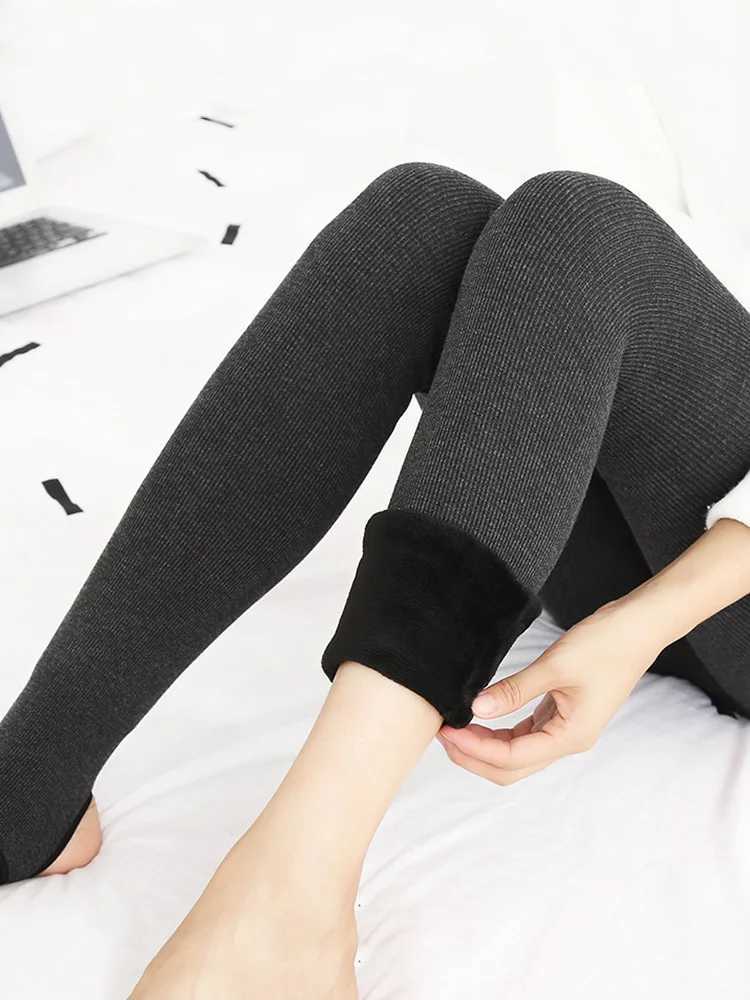 Winter Warm Leggings Velvet Women Thick Pantyhose High Waist Leggins Stripe Stretch Cashmere Thermal Pants Wool Gray BlackX240914