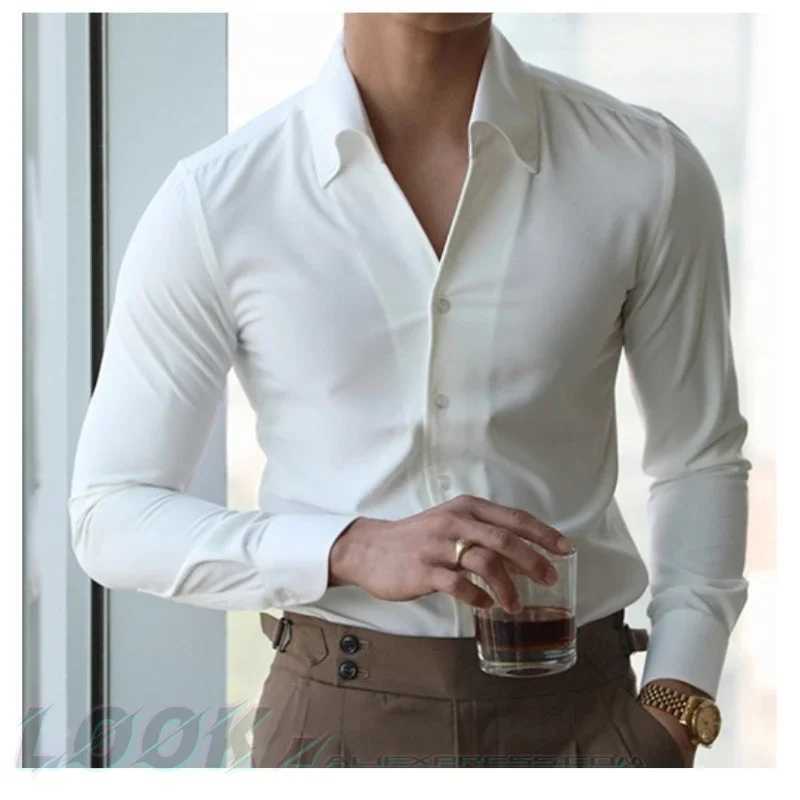 Mens Italian Collar Shirt Wrinkle-free Casual Fashionable Slim-fit with A Lapel Design Branded Clothing Youth New Z240914