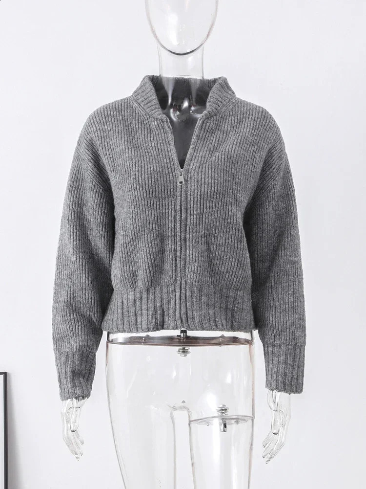 Cozy Knit Grey Zipper Cardigan Sweater Autumn Winter Long Sleeve Pleater Female Sweaters 2024 Elegant Casual Lady Outwear 240905