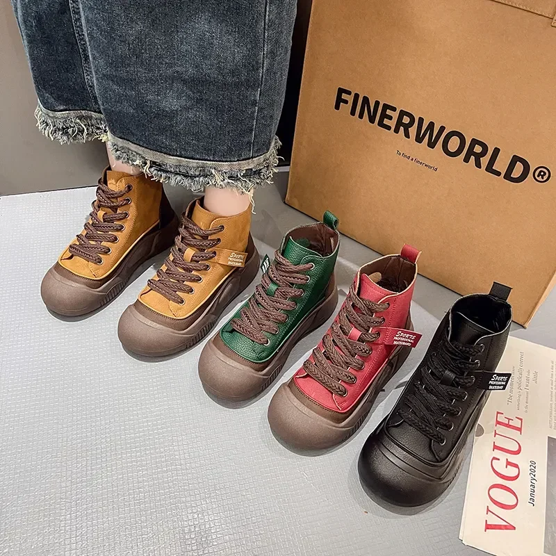 Top High Women's Sneakers Round Toe Platform Lace Up Sports Vulcanized Shoes Mixed Color Casual Spring Autumn Ladies Tennis Shoe 6d09 11f9 e34b