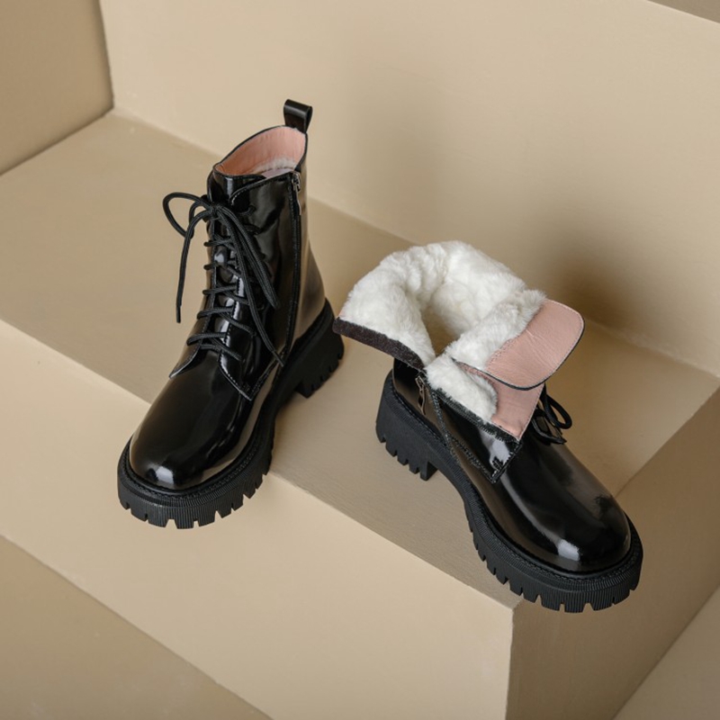Round Autumn Toe Thick Heel Patent Leather Winter Blended Wool Platform Snow Boots Warm Shoes for Women a3f9