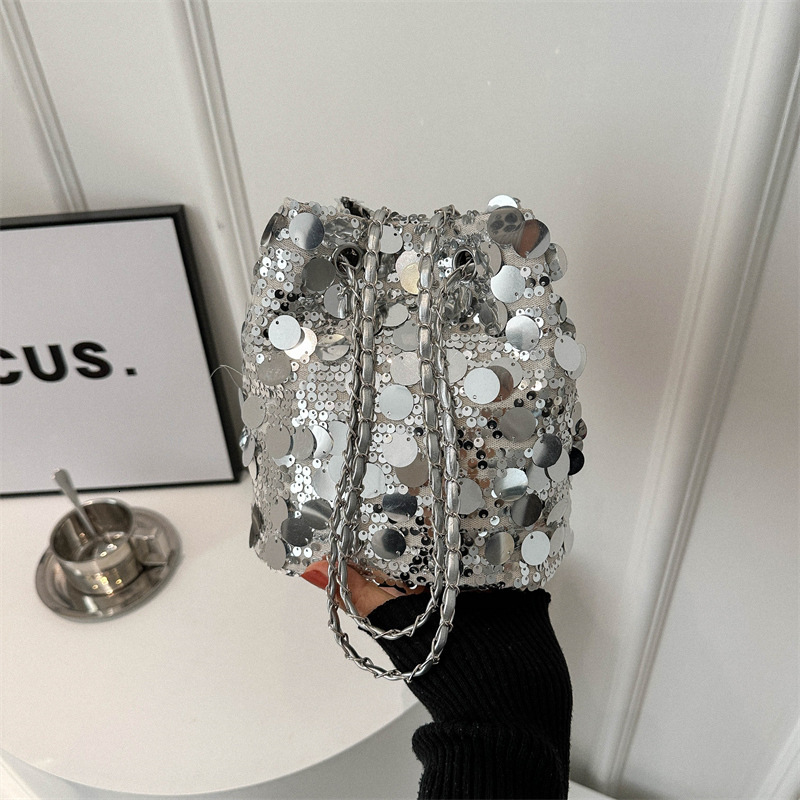 Texture sequin chain small for women 2024 summer new stylish French fashion bucket bag, single shoulder crossbody bag