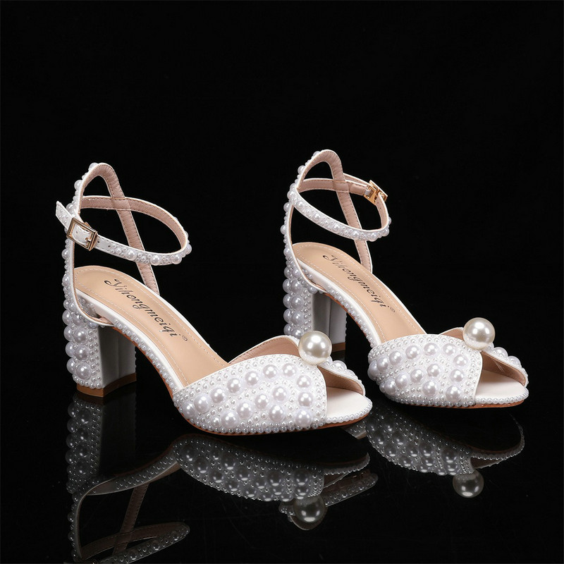 2024 New High Heels Thick Heel Shallow Mouth Women's Pearl Sandals Wedding Shoes Bridesmaid Shoes