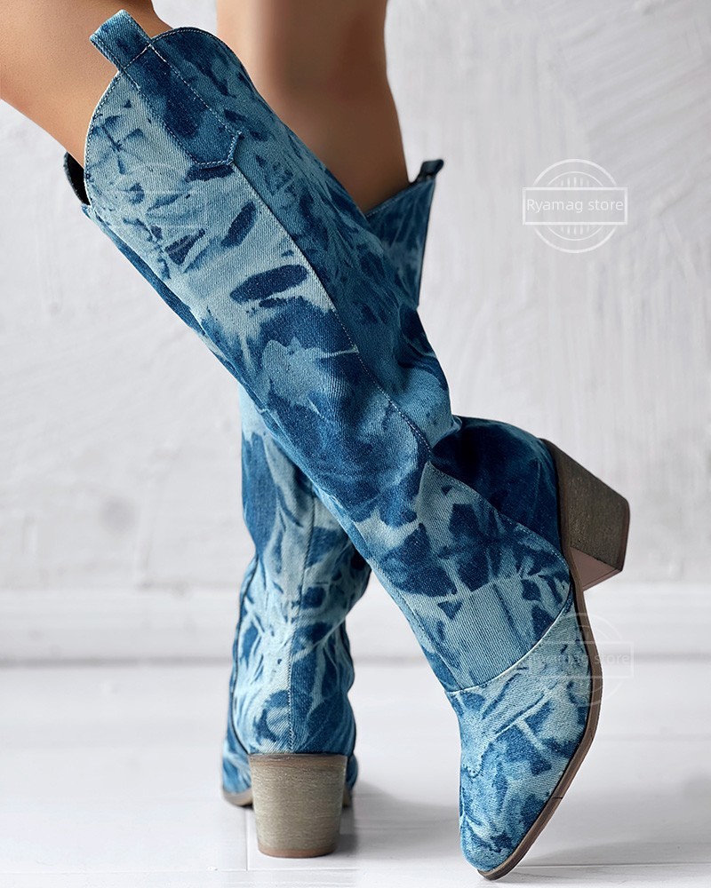 Boots Women Chunky Heel Cowboy Style Washed Denim Retro Long Boots Thick Heel Western Cowboy Knee-high Knight Ethnic Boots