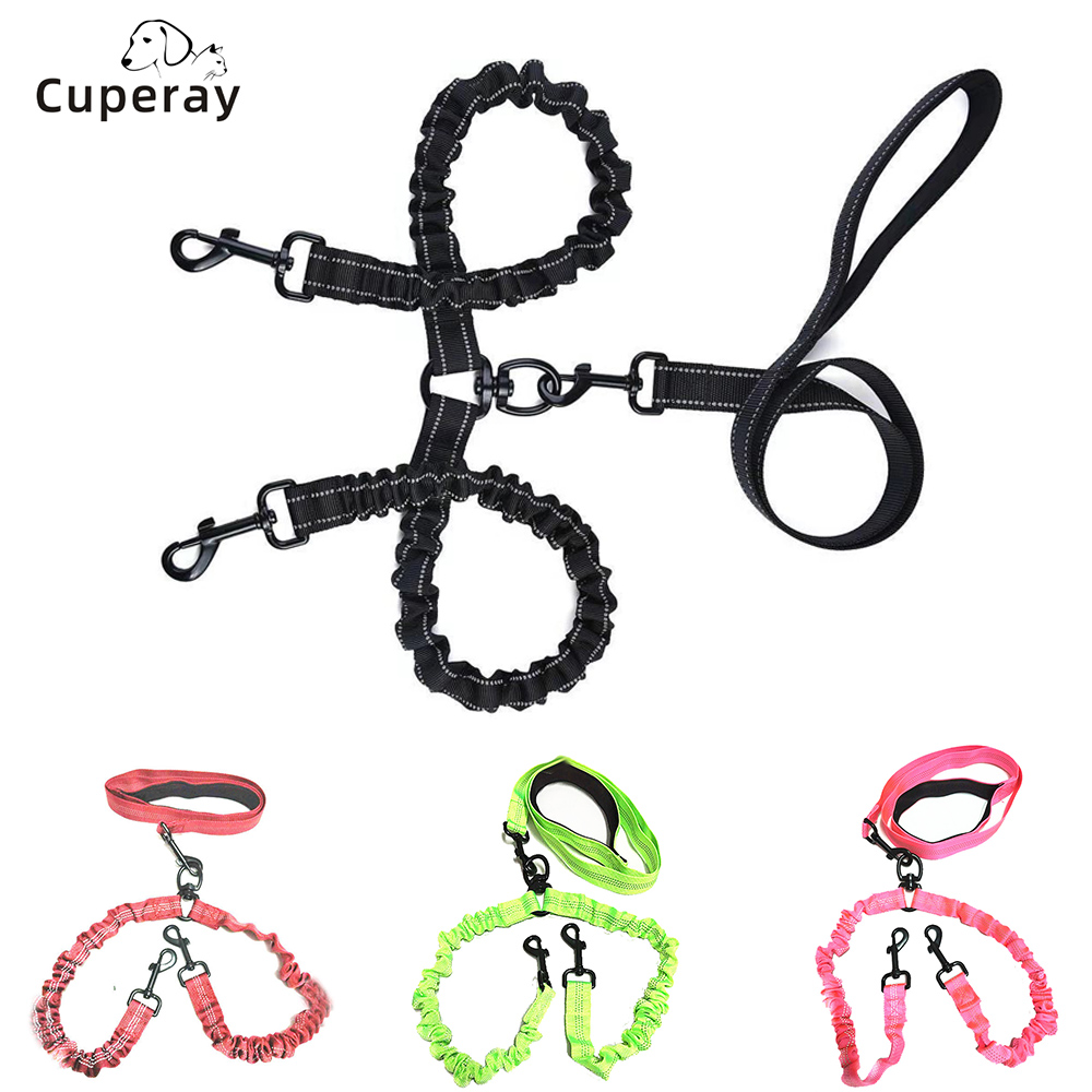 Multifunctional pet leash reflective one drag two double-headed dog leash nylon elastic dog leash for medium and large dogs out