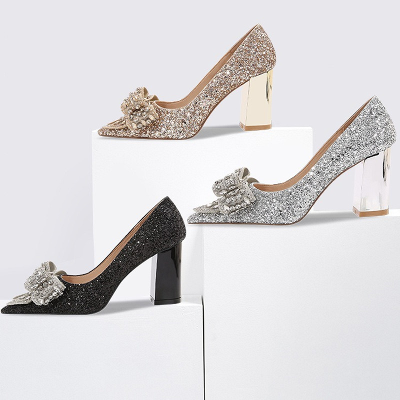 New 2024 Wedding Bride Shoes Dress Bridesmaid High Heels Sequin Crystal Bow Pumps b850 smaid