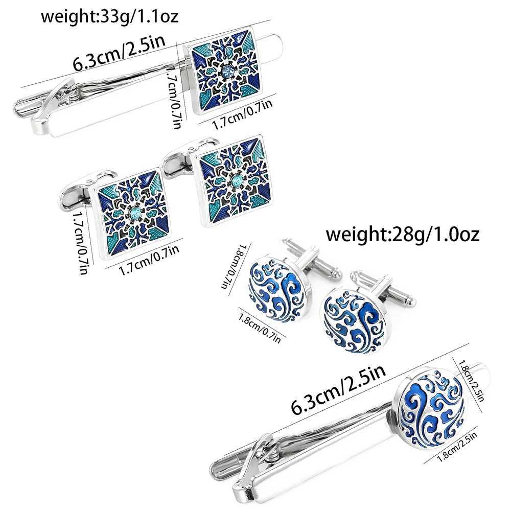 Blue Retro Palace Pattern Mens Cufflinks and Tie Clip Set Round Square Shaped Unique Whale Back Closure For Festival GiftX240914