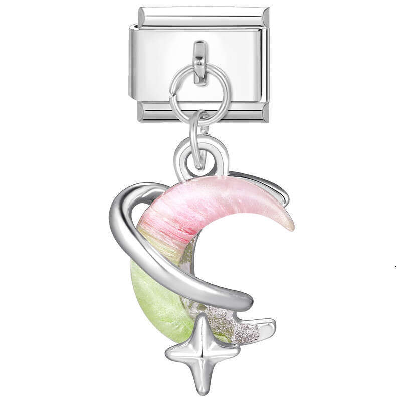 New Women's Gift Moon star Shiny CZ Pendant Italian Charms Links Bangle Beads Fit 9mm Stainless Steel Bracelet Making DIY For Women Fashion Jewel